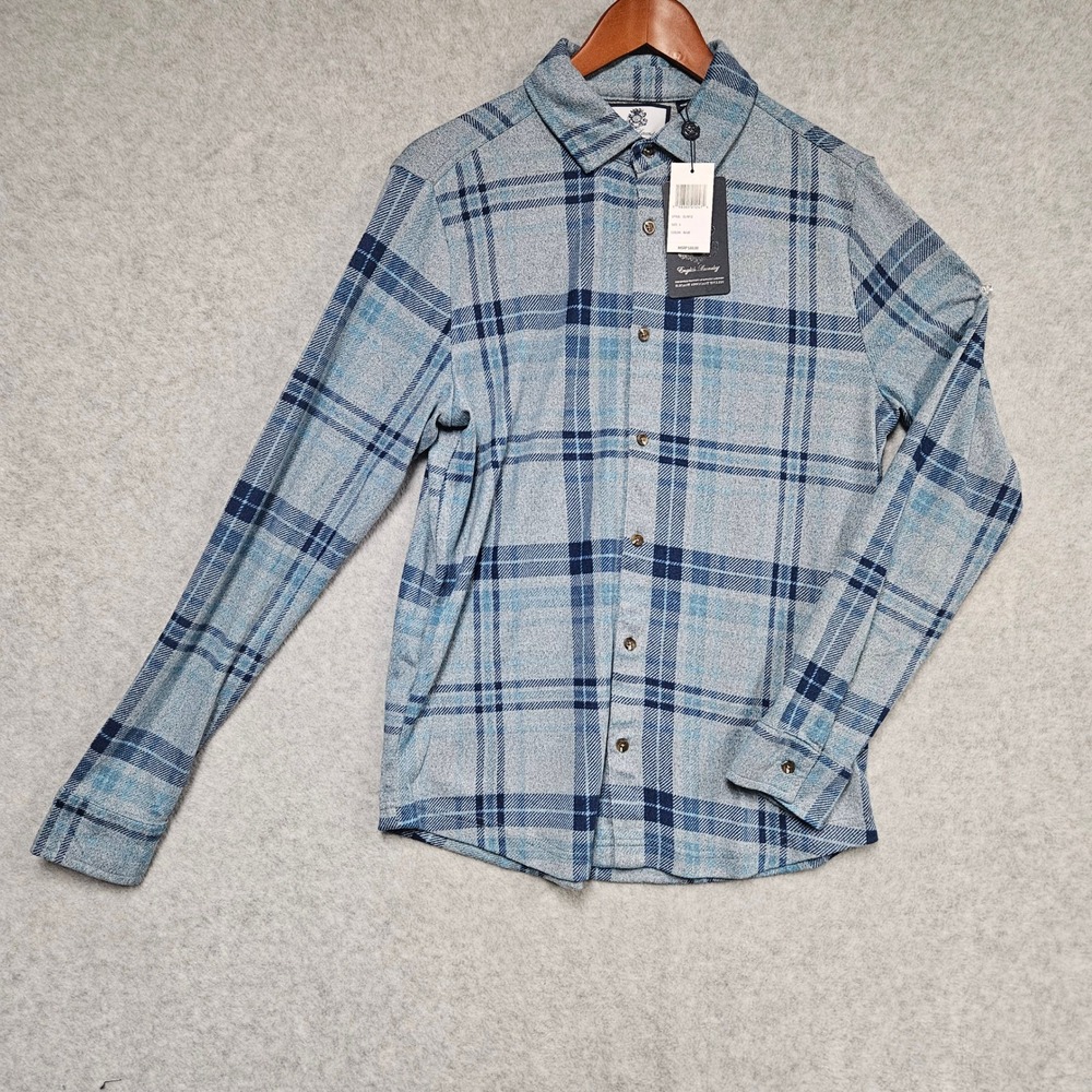 English Laundry Shirt Mens S Blue Plaid Knit Button Down Stretch